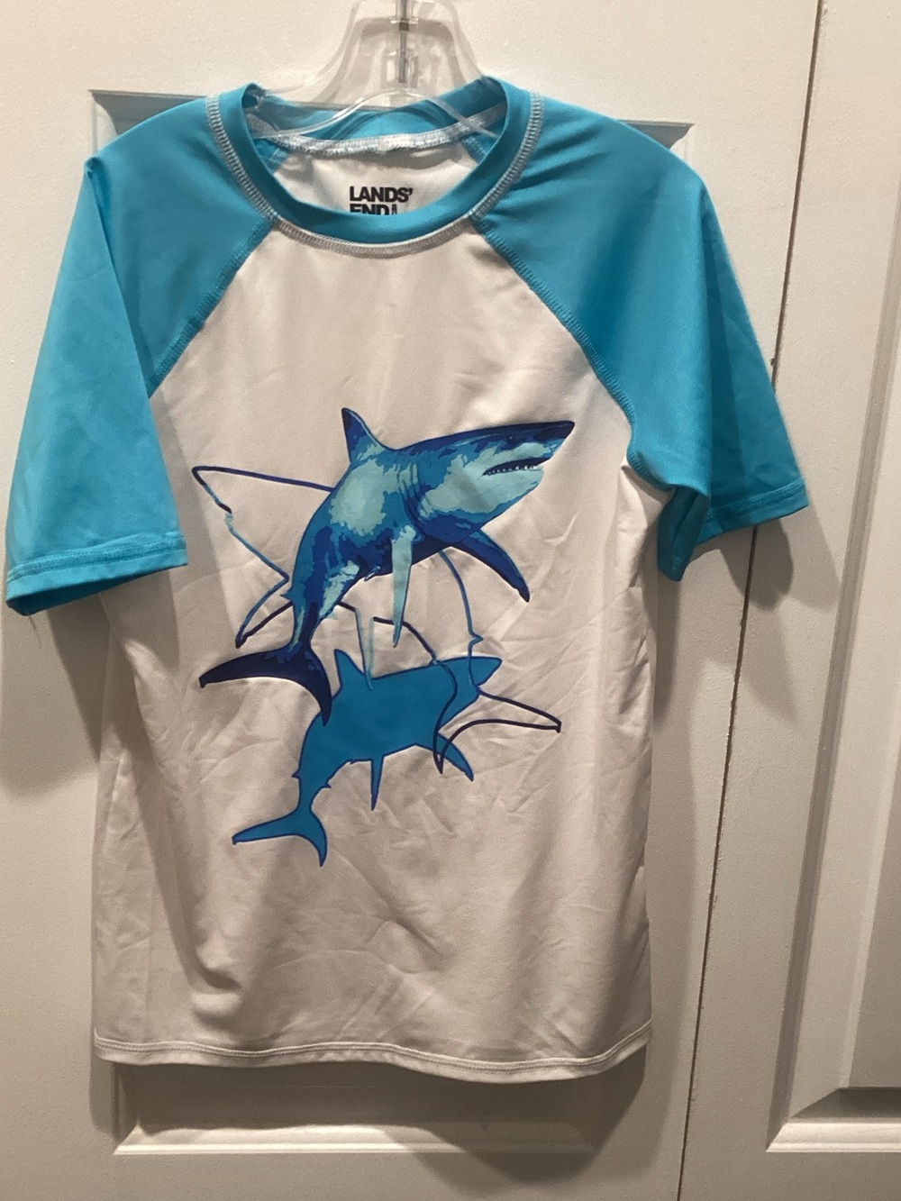 Lands' End White & Aqua Boys' Shark Swim Top kids size 6-7